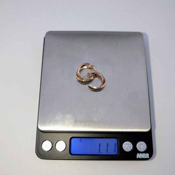 14K Tricolor Gold Semi Hoop Earrings With Diamond-Cut Design - Picture 5 of 8